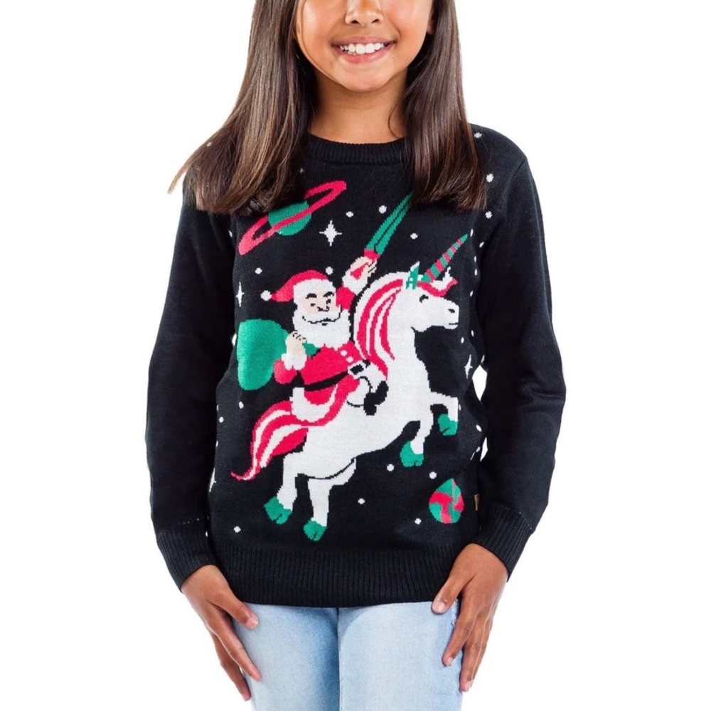 Tipsy Elves, youth size medium, Santa Riding a Unicorn Unisex Christmas Sweater